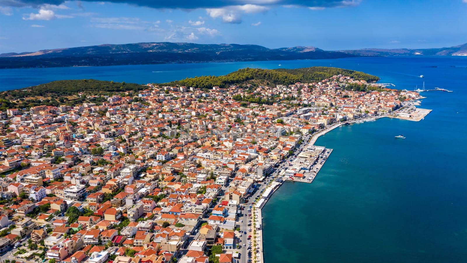 Aerial drone view of Argostoli (Argostolion), famous city and capital of Cefalonia (Kefalonia) island, Ionian islands, Greece. Argostoli town, former municipality on the island of Kefalonia, Greece.