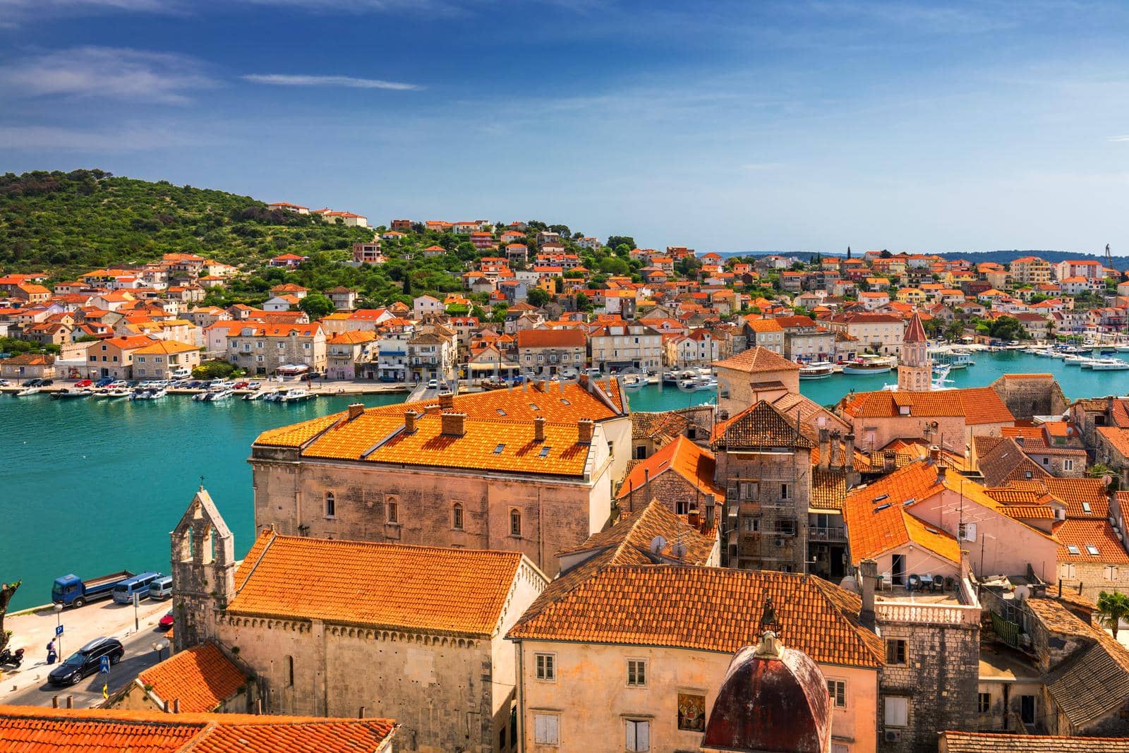 View at town Trogir, old touristic place in Croatia Europe. Trogir town coastal view. Magnificent Trogir, Croatia. Sunny old Venetian town, Dalmatian Coast in Croatia.