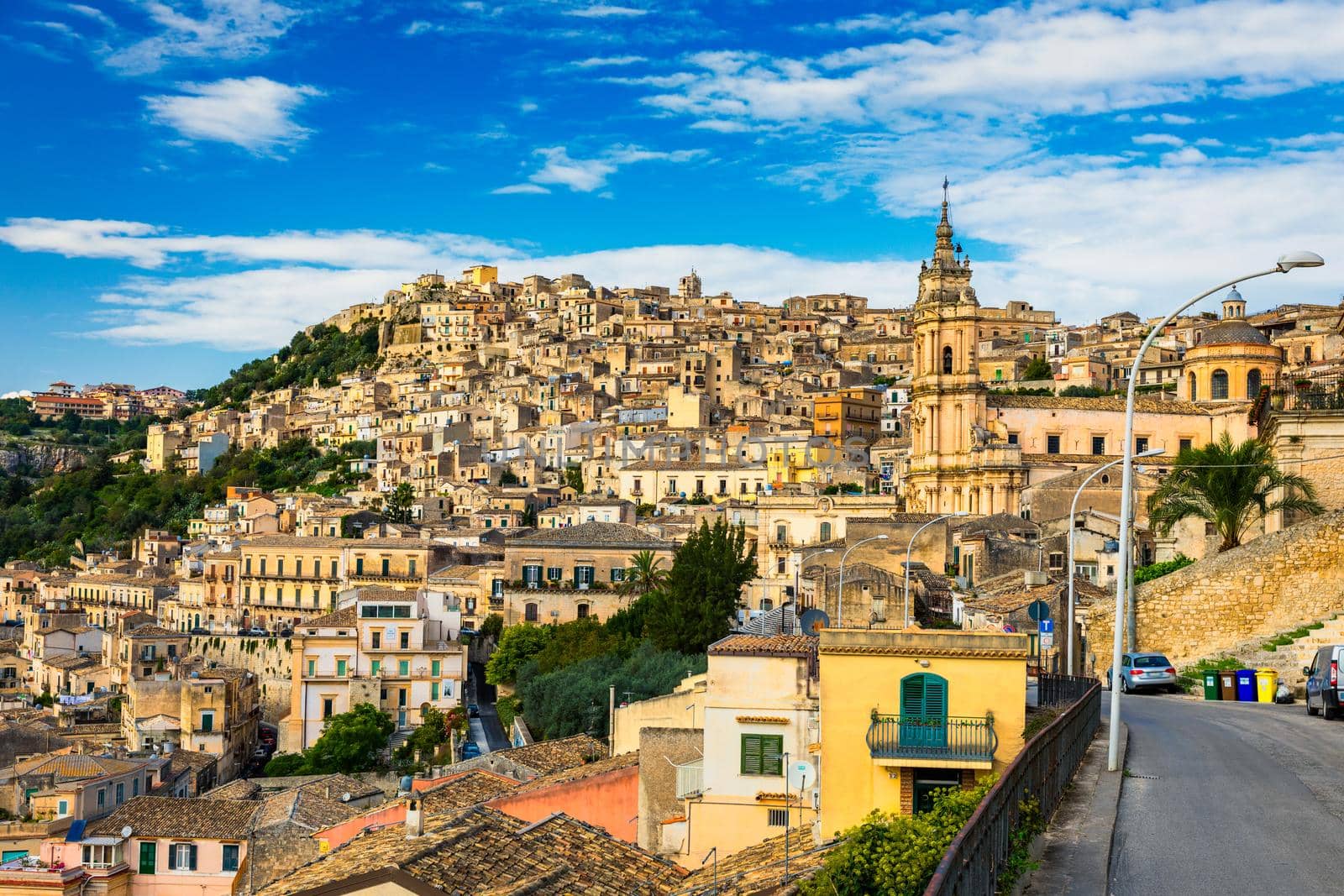 View of Modica, Sicily, Italy. Modica (Ragusa Province), view of the baroque town. Sicily, Italy. Ancient city Modica from above, Sicily, Italy
