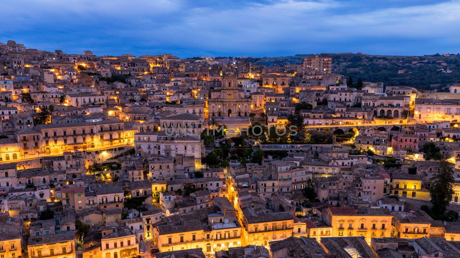 View of Modica, Sicily, Italy. Modica (Ragusa Province), view of the baroque town. Sicily, Italy. Ancient city Modica from above, Sicily, Italy