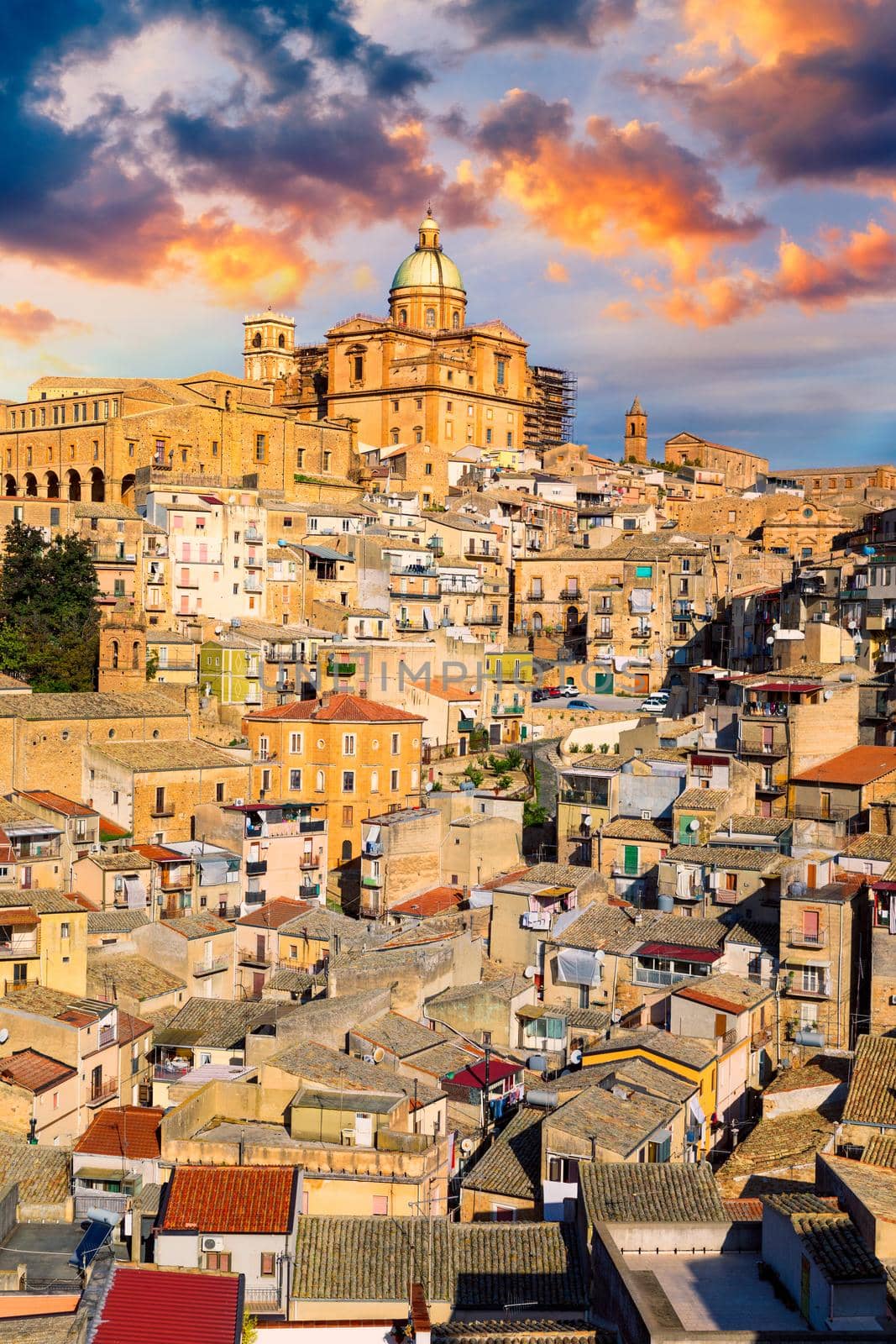 Piazza Armerina in the Enna province of Sicily in Italy. Piazza Armerina cityscape with the Cathedral SS. Assunta and old town, Sicily, Piazza Armerina, Province of Enna, Sicily, Italy, Europe.