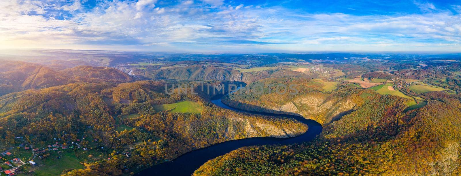 Beautiful view of Vltava river from Maj viewpoint. Czech Republic, Krnany, Europe. Maj viewpoint next to Prague in central Bohemia, Czech Republic. Aerial view of incredible Vyhlidka Maj.