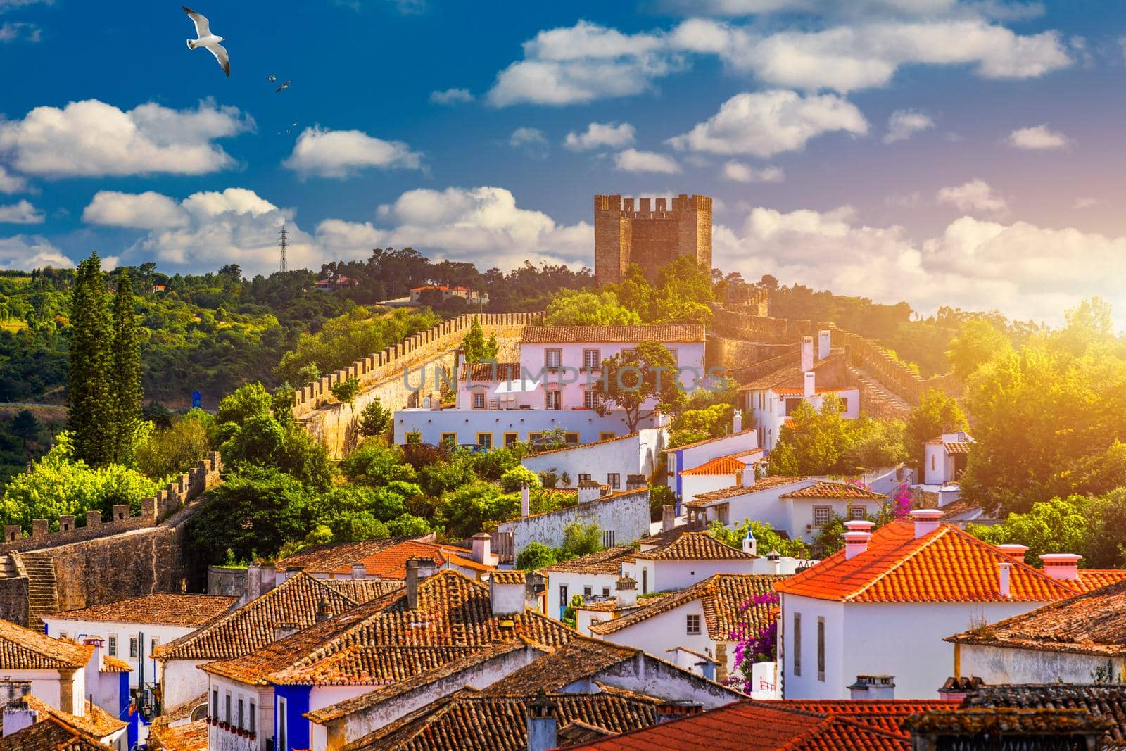 Obidos, Portugal stonewalled city with medieval fortress, historic walled town of Obidos, near Lisbon, Portugal. Beautiful view of Obidos Medieval Town, Portugal. 