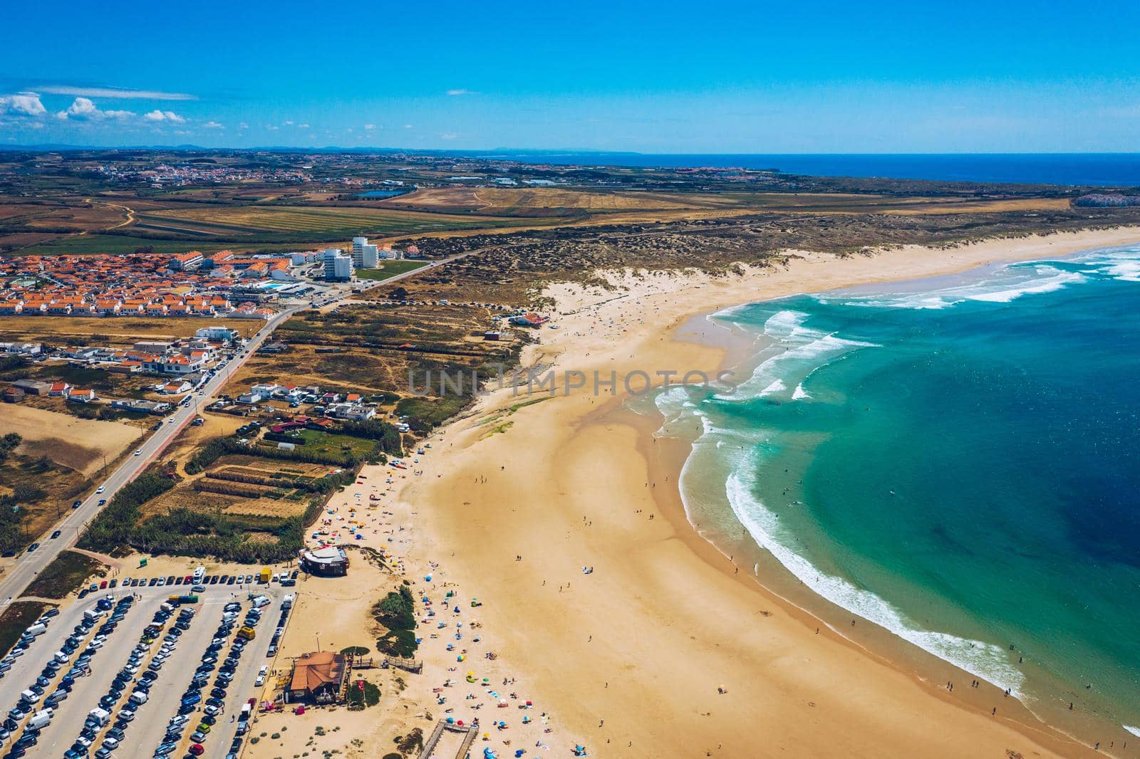 Campismo beach and Dunas beach and Island Baleal near Peniche on the shore of the Atlantic ocean in west coast of Portugal. Beautiful Baleal beach at Baleal peninsula close to Peniche, Portugal.
