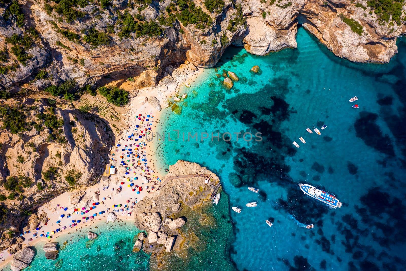 Cala Mariolu view from above. Cala Mariolu famous beach. Italy Sardinia Nuoro province National Park of the Bay of Orosei and Gennargentu Cala Mariolu listed as World Heritage. Sardinia, Italy.