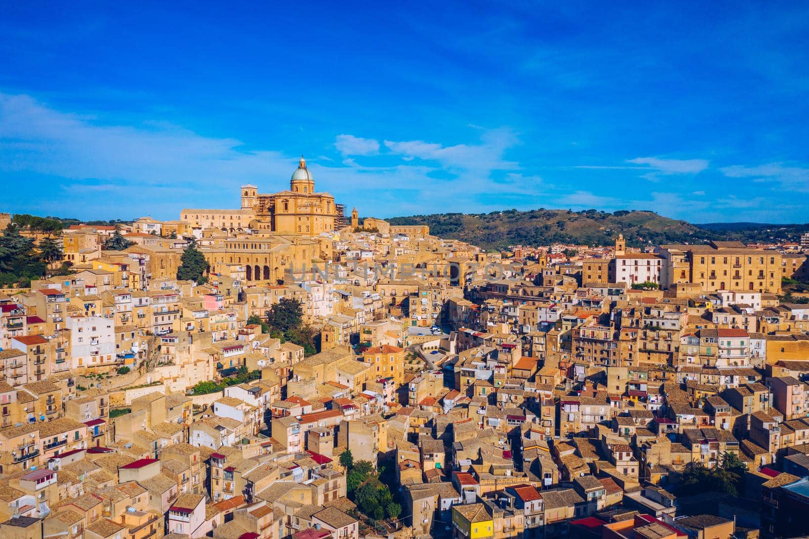 Piazza Armerina in the Enna province of Sicily in Italy. Piazza Armerina cityscape with the Cathedral SS. Assunta and old town, Sicily, Piazza Armerina, Province of Enna, Sicily, Italy, Europe.