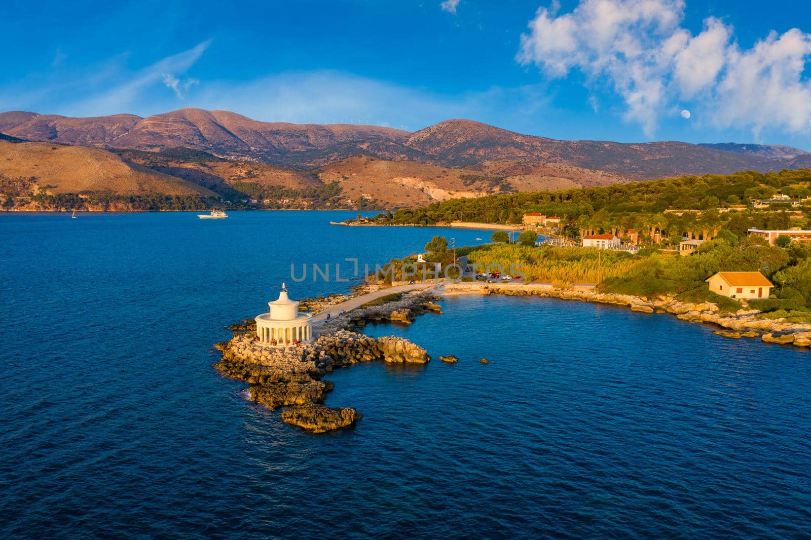 Aerial view of Lighthouse of Saint Theodore in Lassi, Argostoli, Kefalonia island in Greece. Saint Theodore lighthouse in Kefalonia island, Argostoli town, Greece, Europe.