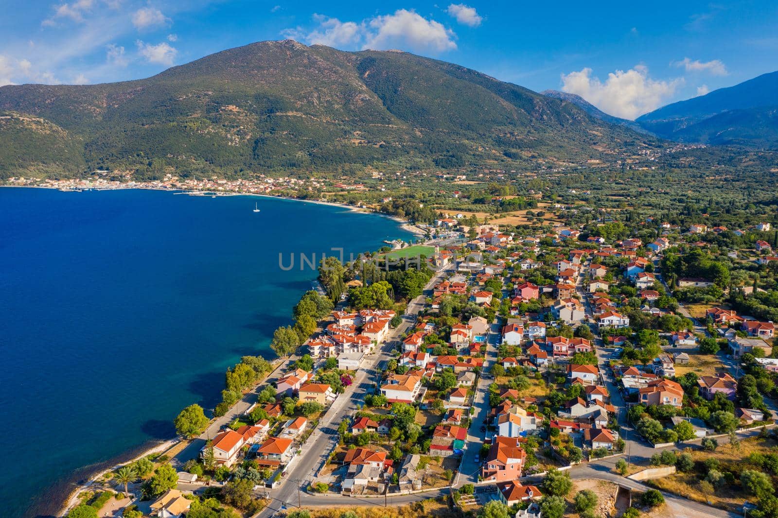 Aerial view of Karavomylos city, famous for Melissani Lake Cave, Kefalonia, Greece.