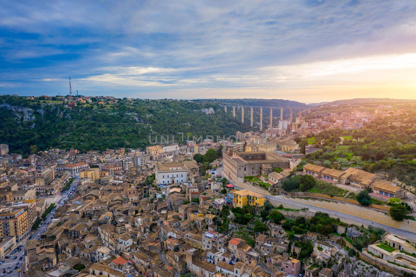 Aerial view of Modica, Sicily, Italy. Modica (Ragusa Province), view of the baroque town. Sicily, Italy. Ancient city Modica from above, Sicily, Italy