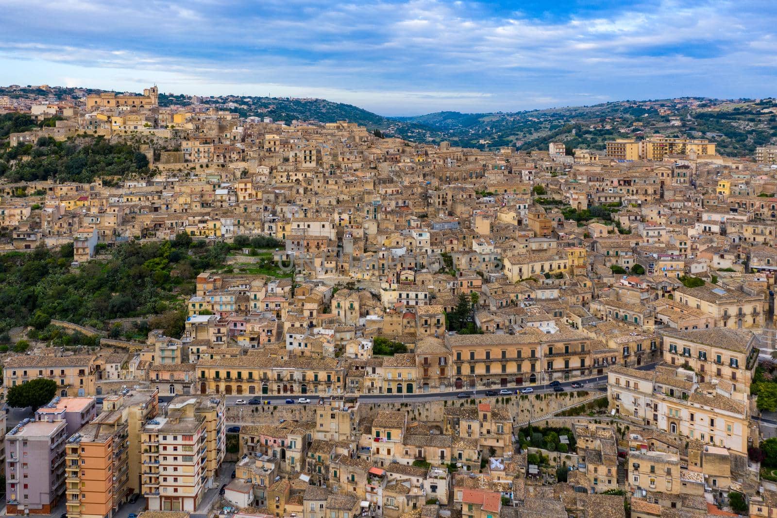 Aerial view of Modica, Sicily, Italy. Modica (Ragusa Province), view of the baroque town. Sicily, Italy. Ancient city Modica from above, Sicily, Italy