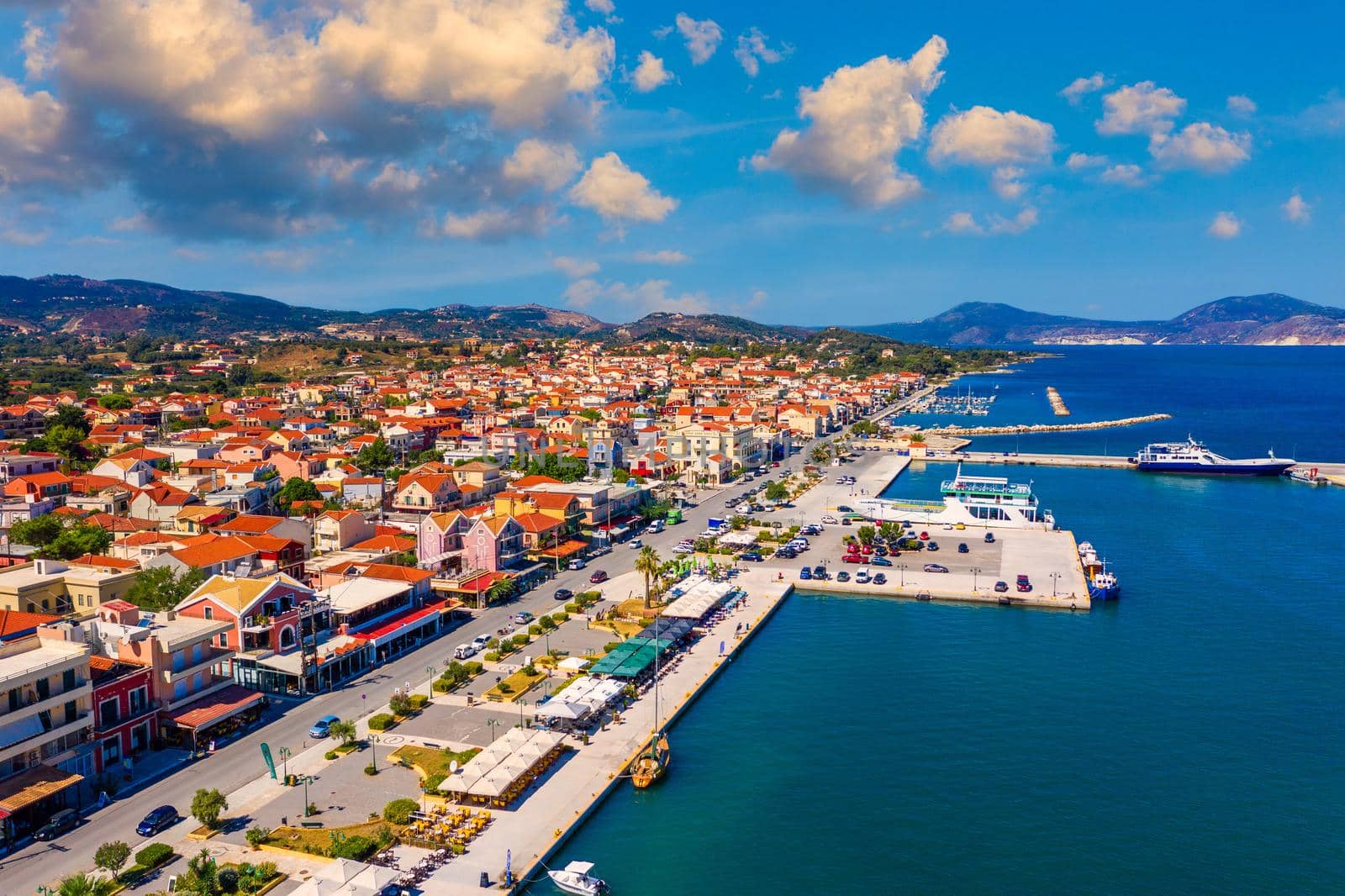 Lixouri is the second largest city of Kefalonia, Greece. Aerial view of city and port of Lixouri, Cefalonia island, Ionian, Greece. 