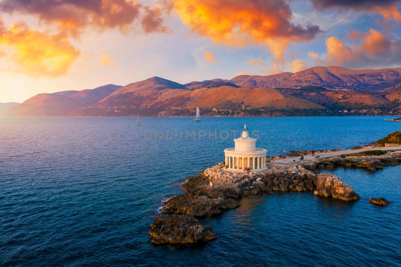 Aerial view of Lighthouse of Saint Theodore in Lassi, Argostoli, Kefalonia island in Greece. Saint Theodore lighthouse in Kefalonia island, Argostoli town, Greece, Europe.