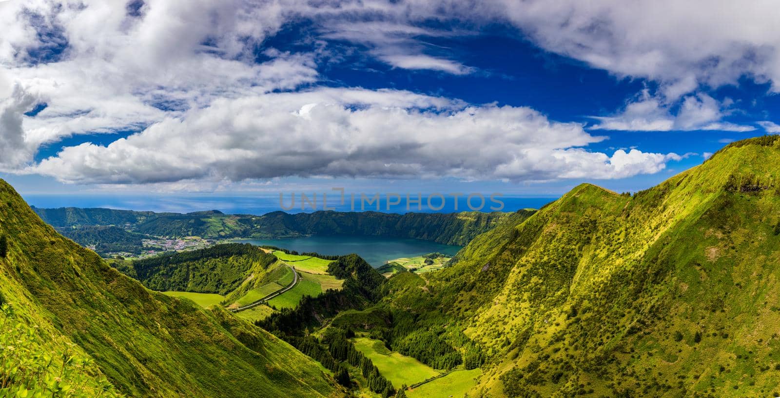 View from Miradouro da Boca do Inferno to Sete Citades, Azores, Portugal. A path leading to viewpoint Miradouro da Boca do Inferno in Sao Miguel Island, Azores, Portugal. 