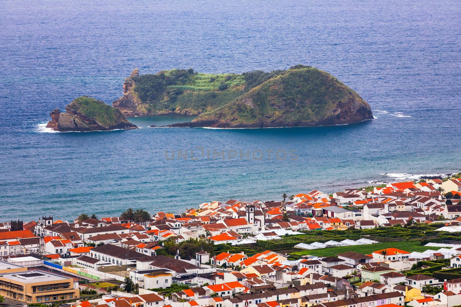 Island of Vila Franca do Campo from the chapel of Nossa Senhora da Page. San Miguel Island, Portugal. Travel to the Azores. Island of Vila Franca do Campo near San Miguel island, Azores, Portugal.