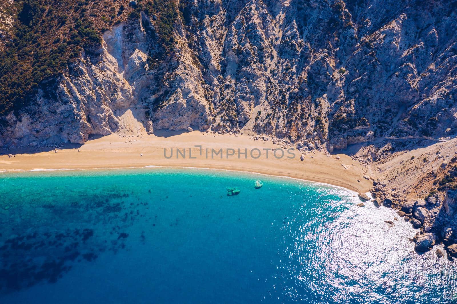 Famous Platia Ammos beach in Cephalonia (Kefalonia) island, Greece. Aerial view of Platia Ammos beach , one of famous beach in Kefalonia island in Greece. 
