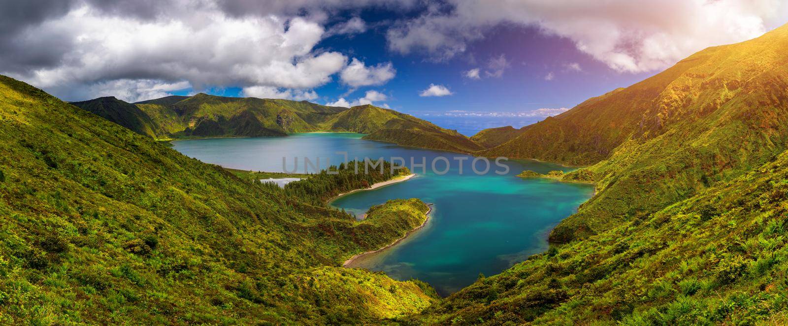 Beautiful panoramic view of Lagoa do Fogo lake in Sao Miguel Island, Azores, Portugal. "Lagoa do Fogo" in São Miguel Island, Azores. Panoramic image of Lagoa do Fogo, Sao Miguel, Azores, Portugal.