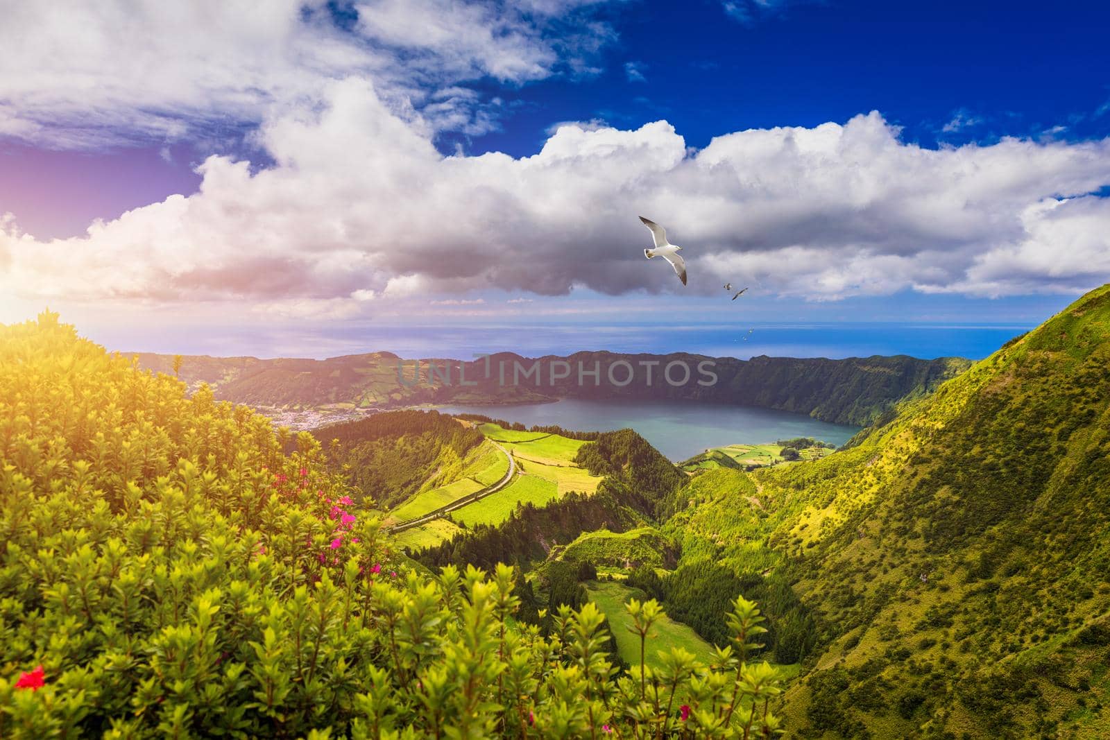 View of Sete Cidades near Miradouro da Grota do Inferno viewpoint, Sao Miguel Island, Azores, Portugal. Grota do Inferno viewpoint at Sete Cidades on Sao Miguel Island, Azores, Portugal.