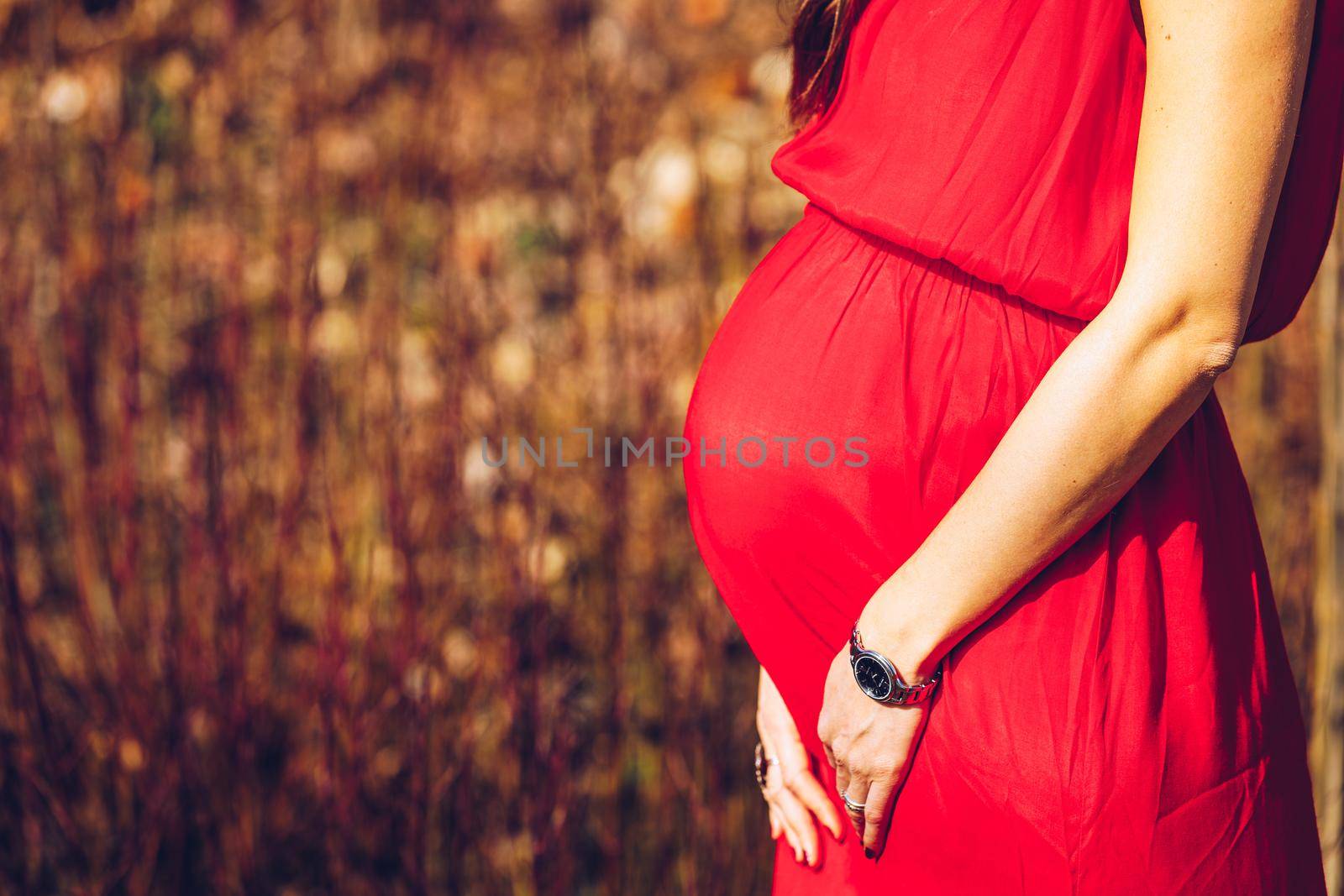 Beautiful pregnant woman feeling happy in nature while taking care of her child. Young expecting mother holding baby in pregnant belly. Maternity prenatal care and woman pregnancy concept.