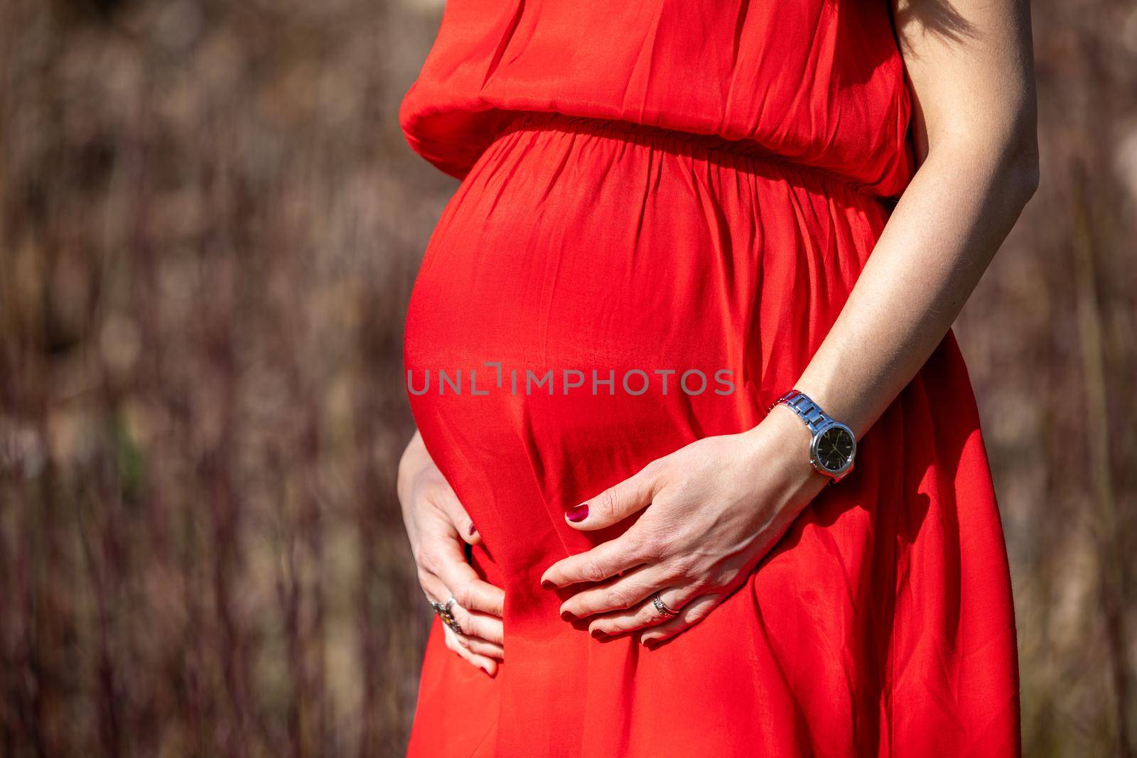 Beautiful pregnant woman feeling happy in nature while taking care of her child. Young expecting mother holding baby in pregnant belly. Maternity prenatal care and woman pregnancy concept.