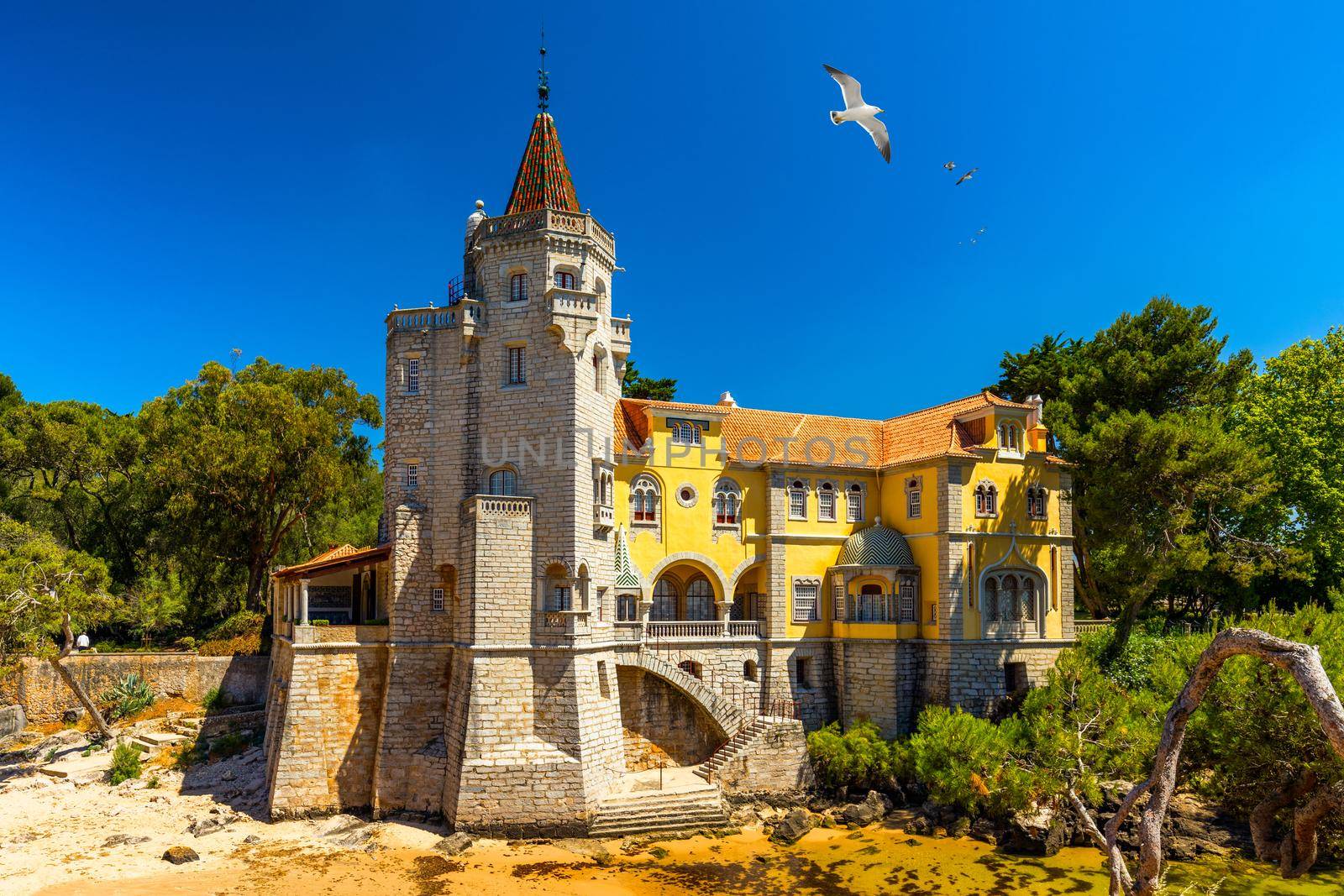 Museu Condes de Castro Guimaraes in Cascais, Lisbon, Portugal. Building of the museum Conde Castro Guimaraes in the pretty gardens of Jardim Marechal Carmona, Cascais, Portugal.