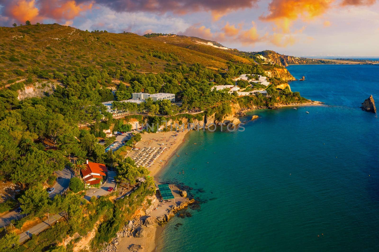 Platis Gialos beach at Argostoli of Kefalonia island in Greece. Spectacular view over beach of Platis Gialos near Lassi, Argostoli. Platis Gialos beach with soft sand and turquoise water in Lassi.