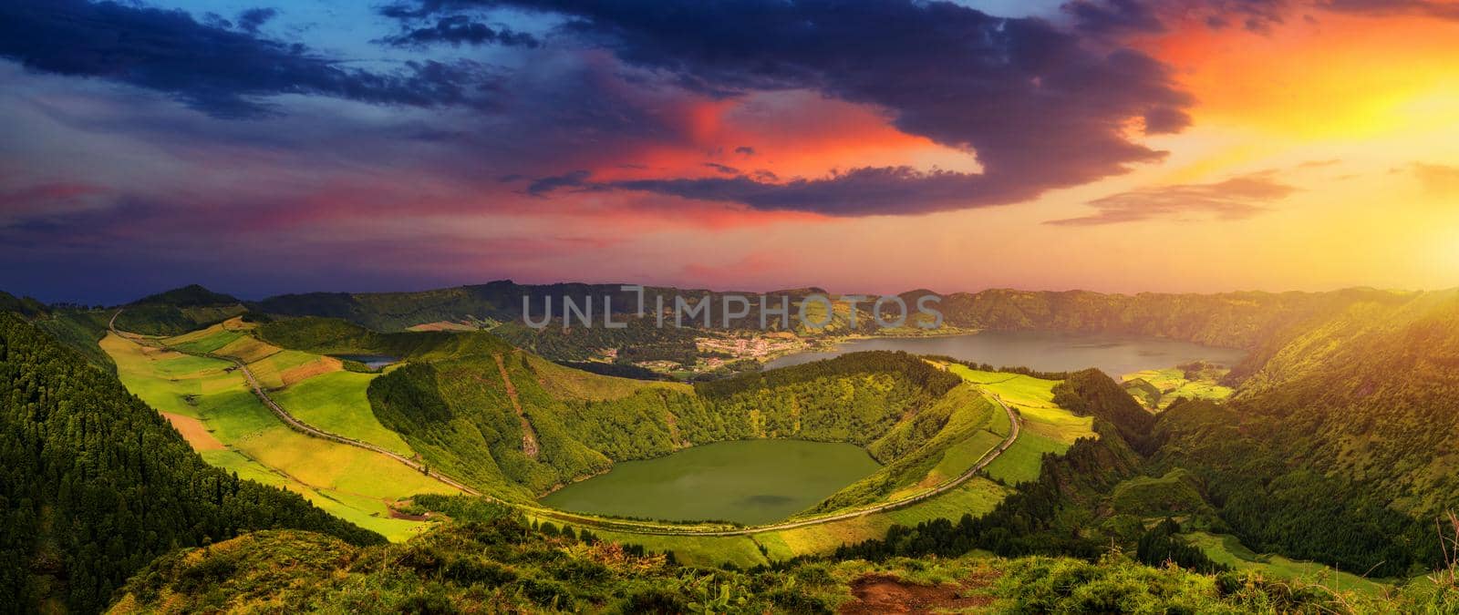 View from Miradouro da Boca do Inferno to Sete Citades, Azores, Portugal. A path leading to viewpoint Miradouro da Boca do Inferno in Sao Miguel Island, Azores, Portugal. 