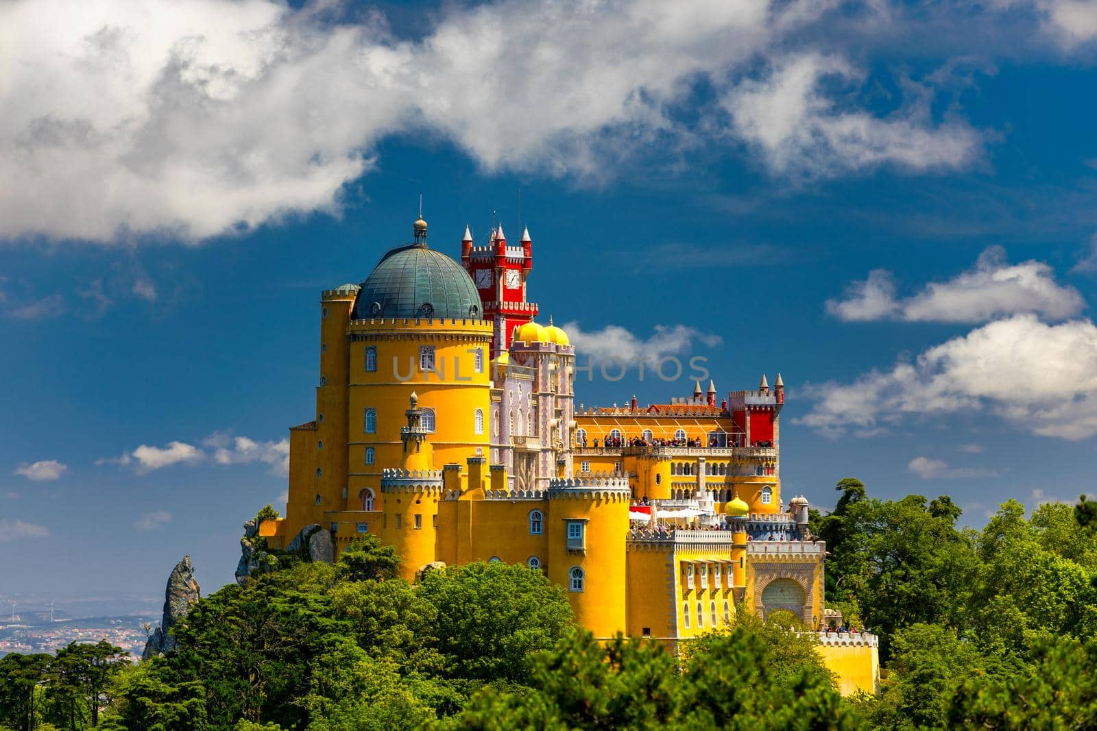 Palace of Pena in Sintra. Lisbon, Portugal. Travel Europe, holidays in Portugal. Panoramic View Of Pena Palace, Sintra, Portugal. Pena National Palace, Sintra, Portugal. 