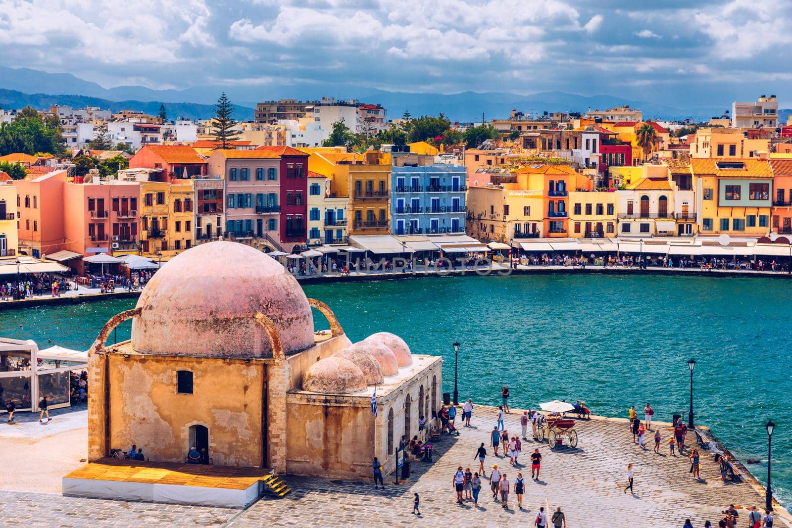 Picturesque old port of Chania. Landmarks of Crete island. Greece. Bay of Chania at sunny summer day, Crete Greece. View of the old port of Chania, Crete, Greece. The port of chania, or Hania. 