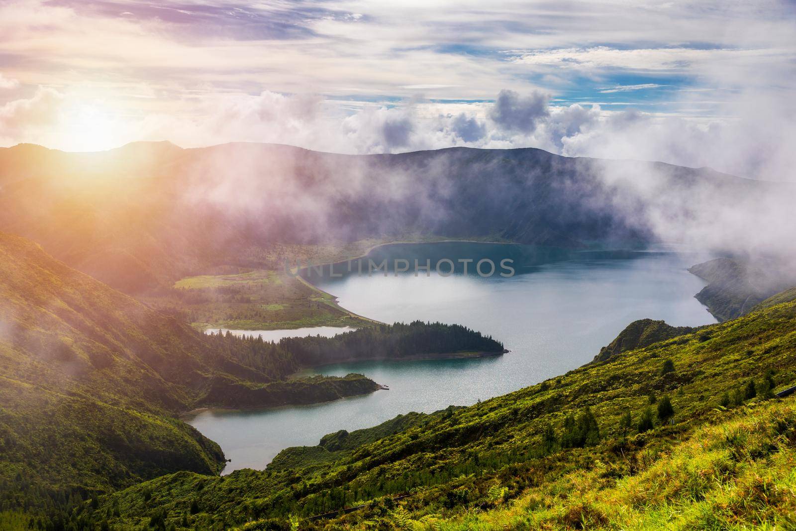 Beautiful panoramic view of Lagoa do Fogo lake in Sao Miguel Island, Azores, Portugal. "Lagoa do Fogo" in São Miguel Island, Azores. Panoramic image of Lagoa do Fogo, Sao Miguel, Azores, Portugal.