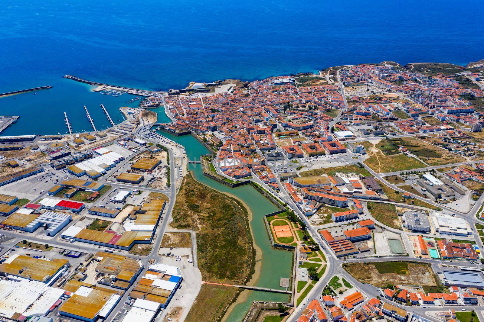 Aerial view of Peniche with the fortress, Peniche peninsula, Portugal. Peniche city buildings at Atlantic ocean coast, Portugal.