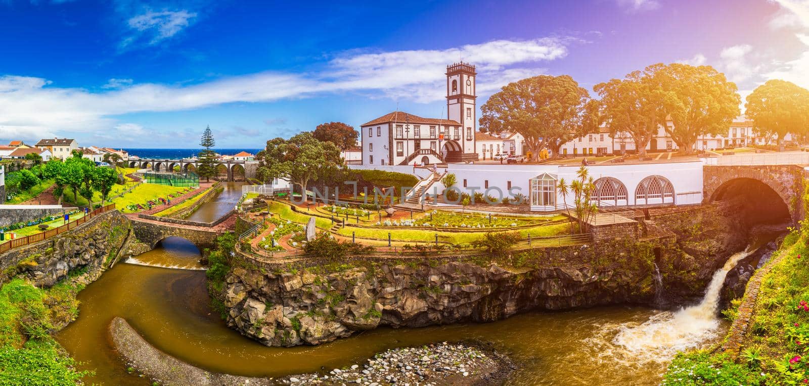 Panoramic cityscape view to Municipality and central square Of Ribeira Grande, Sao Miguel, Azores, Portugal. Central square of Ribeira Grande, Sao Miguel, Azores, Portugal.
