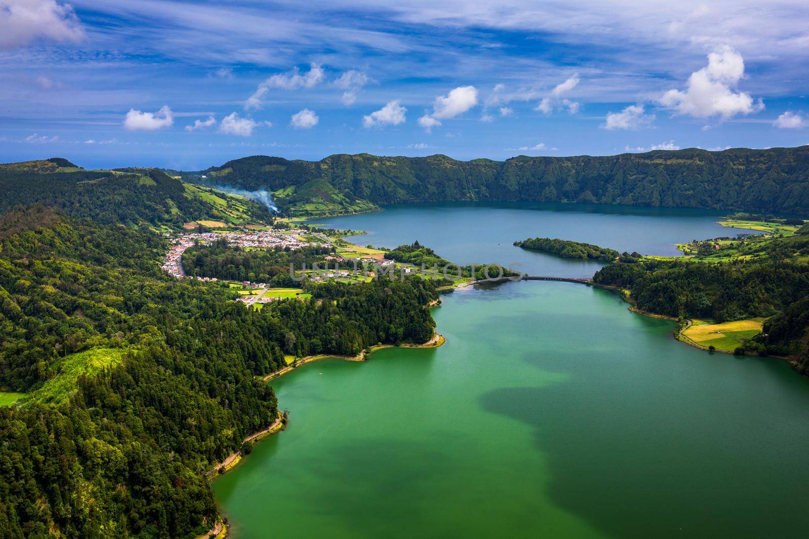 Beautiful view of Seven Cities Lake "Lagoa das Sete Cidades" from Vista do Rei viewpoint in São Miguel Island, Azores, Portugal. Lagoon of the Seven Cities, Sao Miguel island, Azores, Portugal.