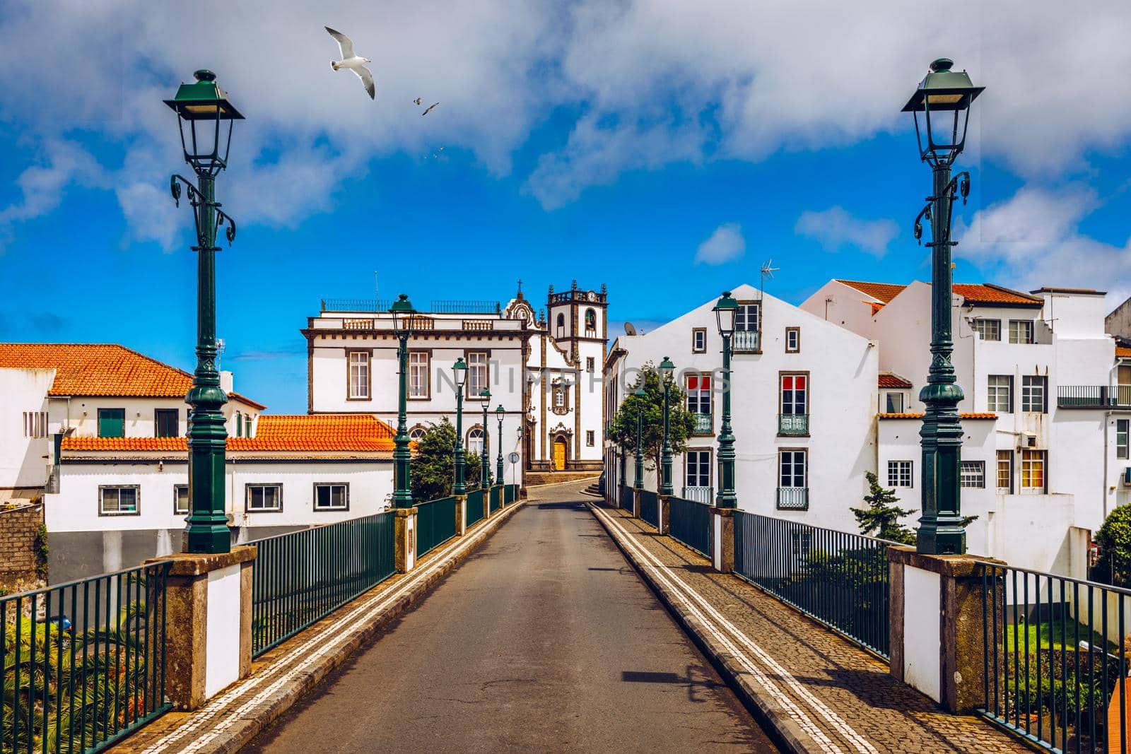 Beautiful nature view on Azores with small villages, tows, green nature fields. Amazing Azores. View of typical Azores village in Sao Miguel island, Azores, Portugal.