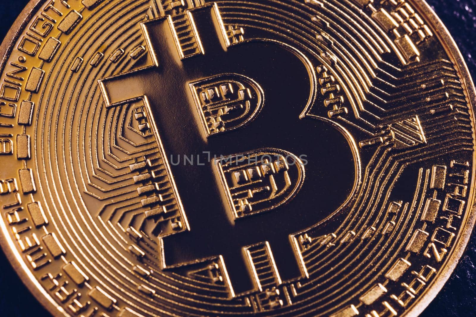 Crypto currency golden coin with bitcoin symbol on isolated on black background. Bitcoin Coin on black background. Bitcoin cryptocurrency.  Cryptocurrency Coin Concept.