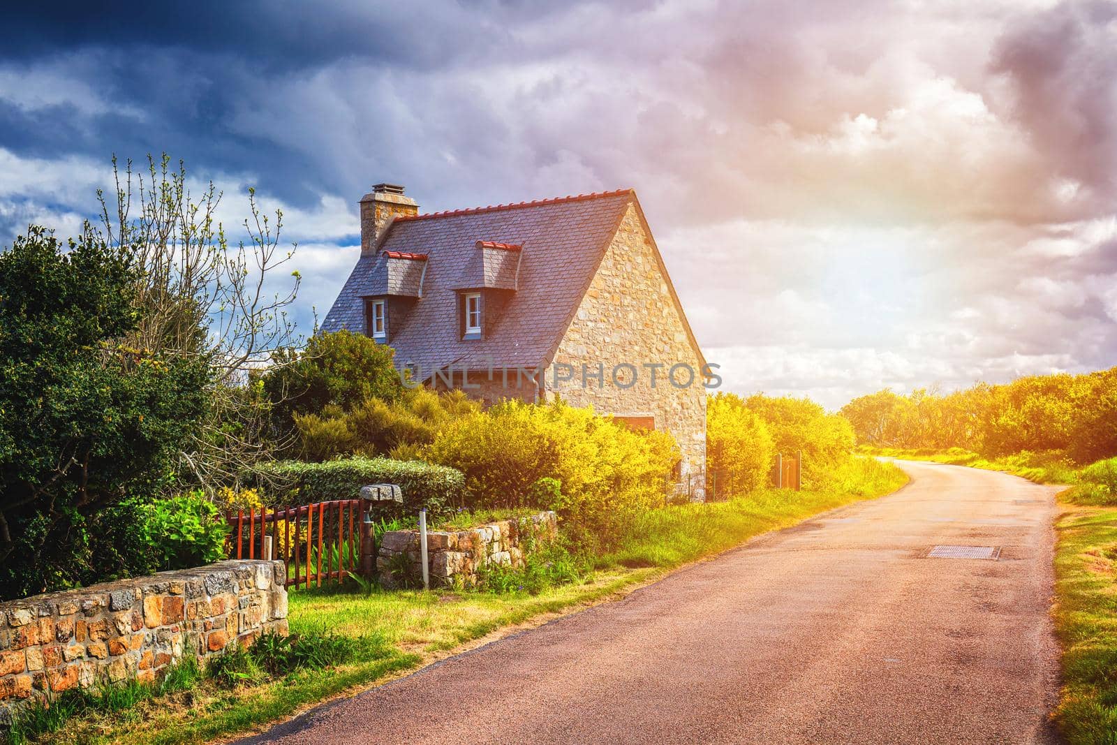 Street view of beautiful village of Rostudel former fishing village, Parc naturel regional d'Armorique. Finistere department, Camaret-sur-Mer. Brittany (Bretagne), France. 