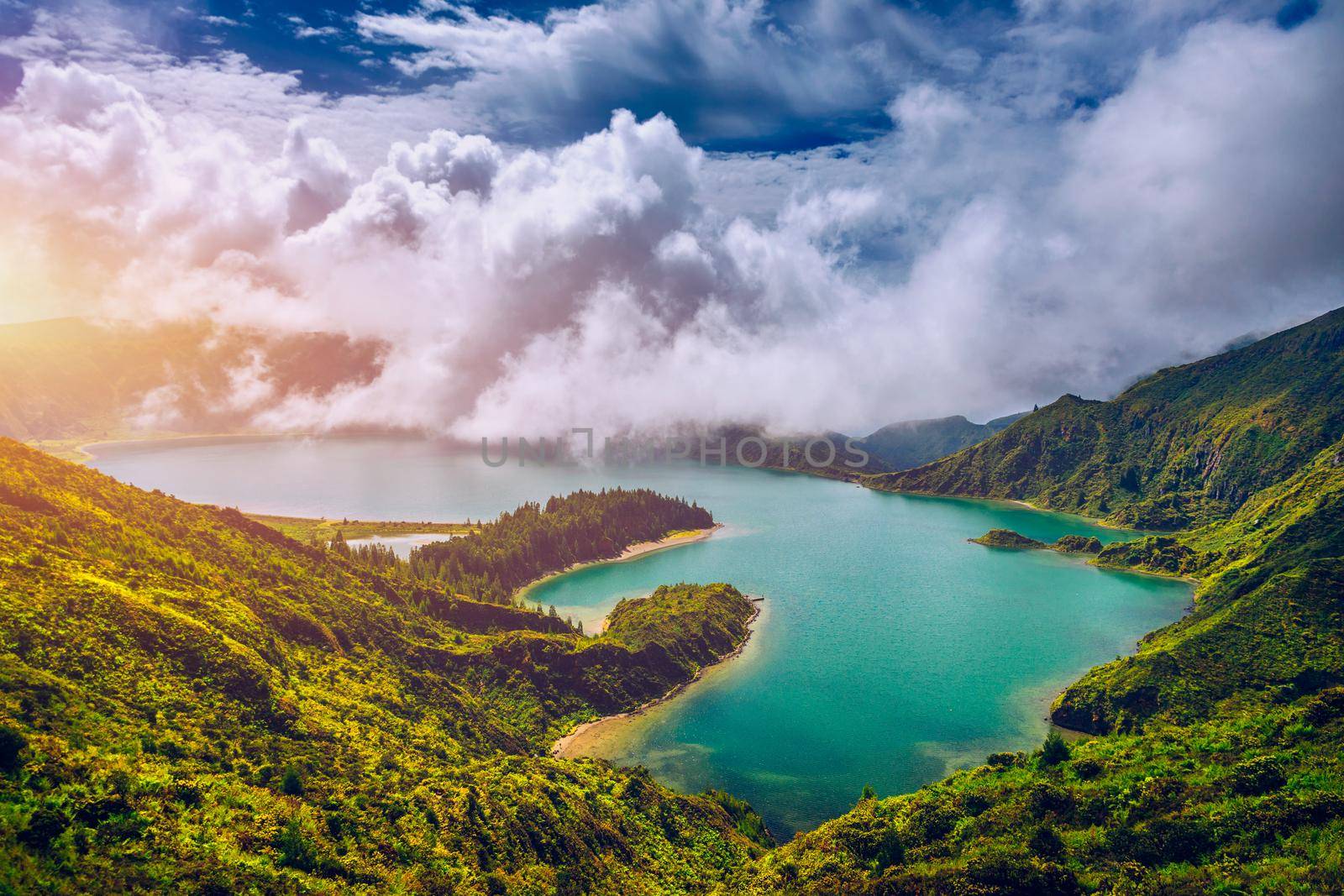 Beautiful panoramic view of Lagoa do Fogo lake in Sao Miguel Island, Azores, Portugal. "Lagoa do Fogo" in São Miguel Island, Azores. Panoramic image of Lagoa do Fogo, Sao Miguel, Azores, Portugal.