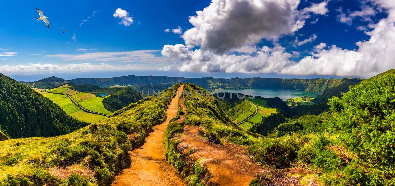 View of Sete Cidades near Miradouro da Grota do Inferno viewpoint, Sao Miguel Island, Azores, Portugal. Grota do Inferno viewpoint at Sete Cidades on Sao Miguel Island, Azores, Portugal.