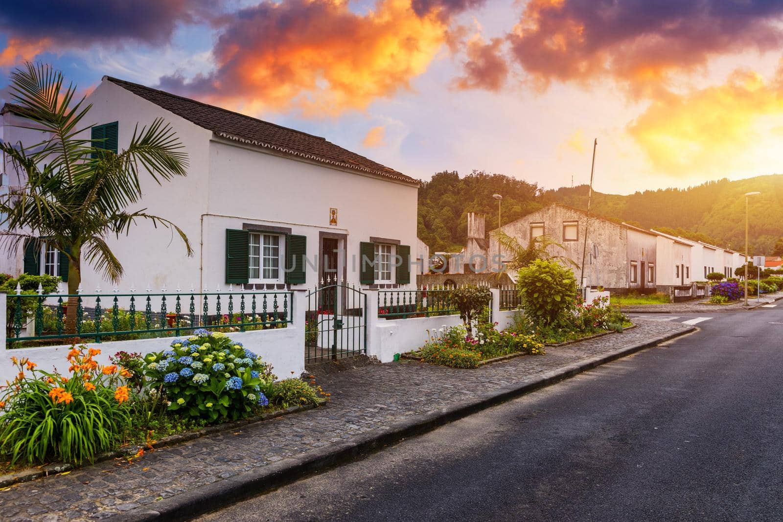 Traditional houses, Sete Cidades, Sao Miguel Island, Azores. Beautiful view of Sete Cidades village in Sao Miguel Island, Azores, Portugal. 