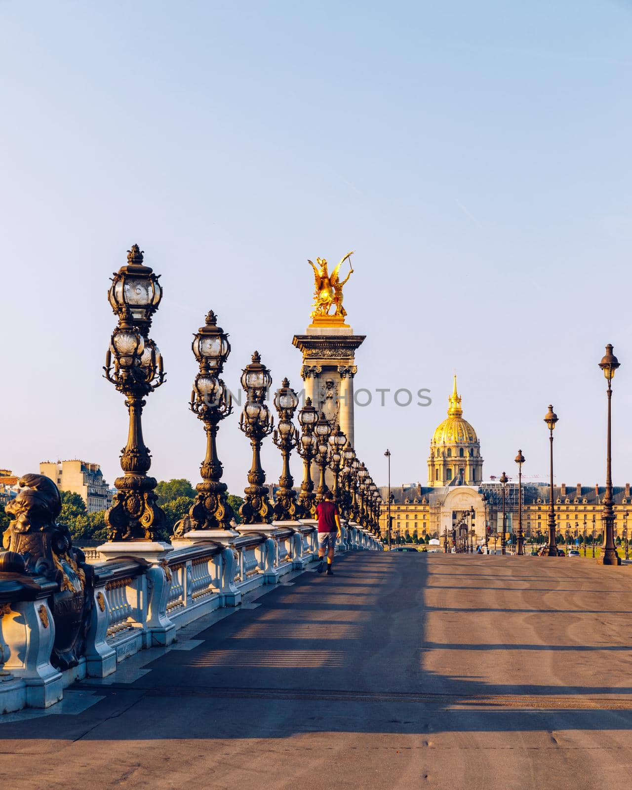 Pont Alexandre III bridge over river Seine in the sunny summer morning. Bridge decorated with ornate Art Nouveau lamps and sculptures. The Alexander III Bridge across Seine river in Paris, France.