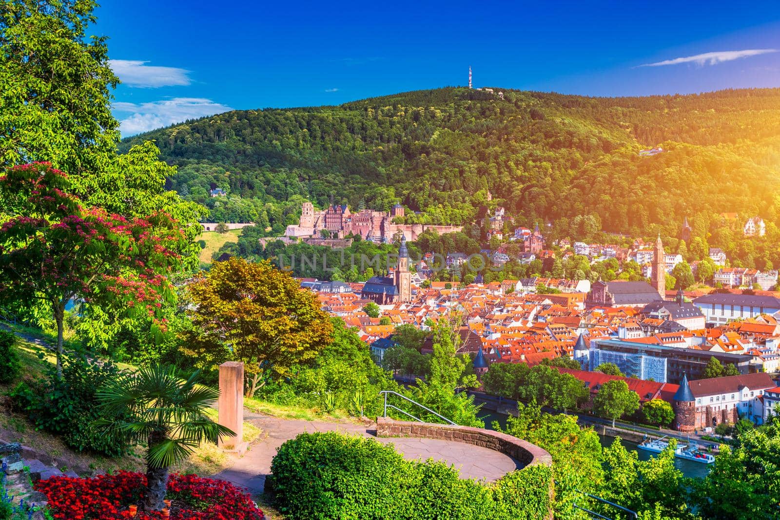 Landmark and beautiful Heidelberg town with Neckar river, Germany. Heidelberg town with the famous Karl Theodor old bridge and Heidelberg castle, Heidelberg, Germany. 