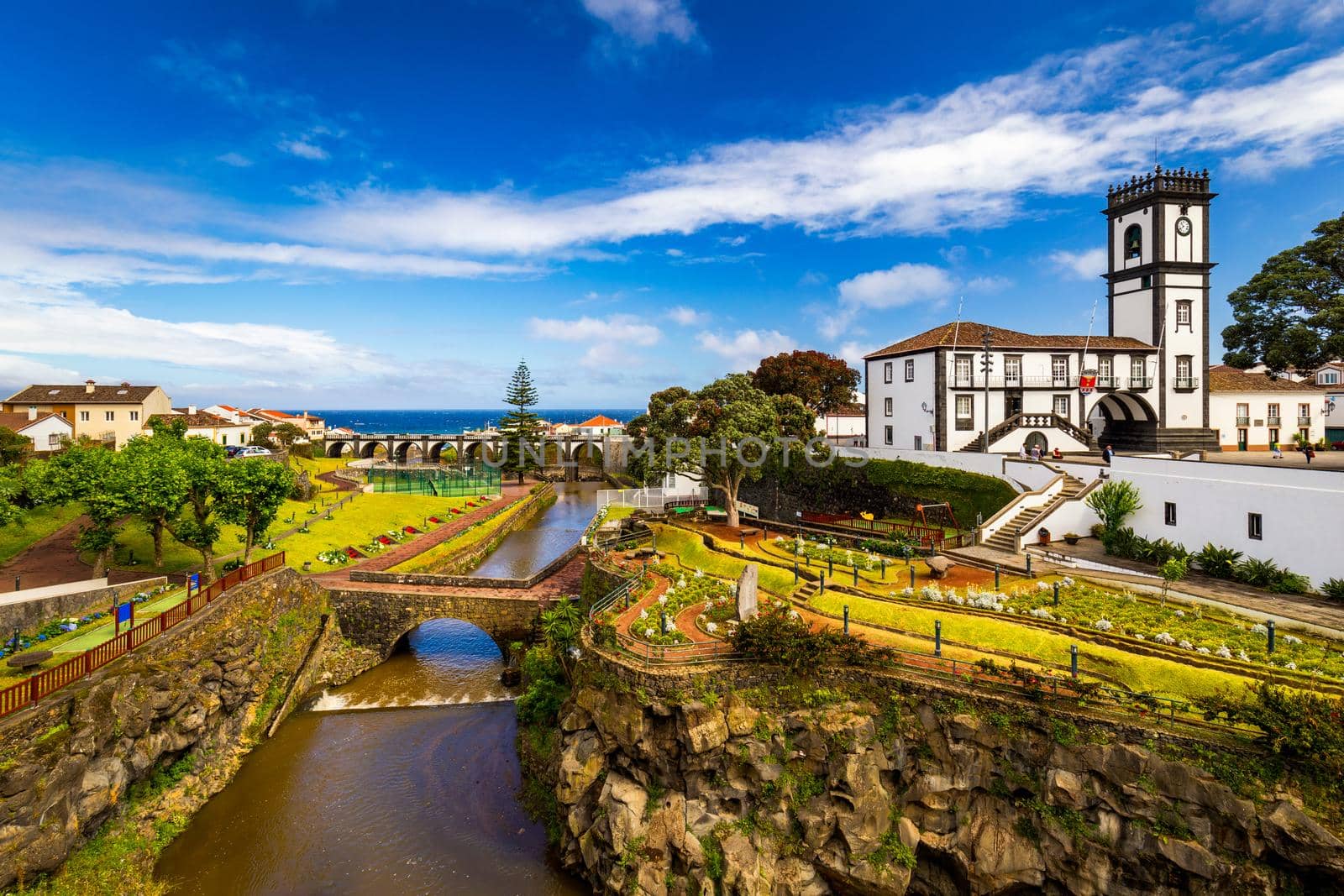 Panoramic cityscape view to Municipality and central square Of Ribeira Grande, Sao Miguel, Azores, Portugal. Central square of Ribeira Grande, Sao Miguel, Azores, Portugal.