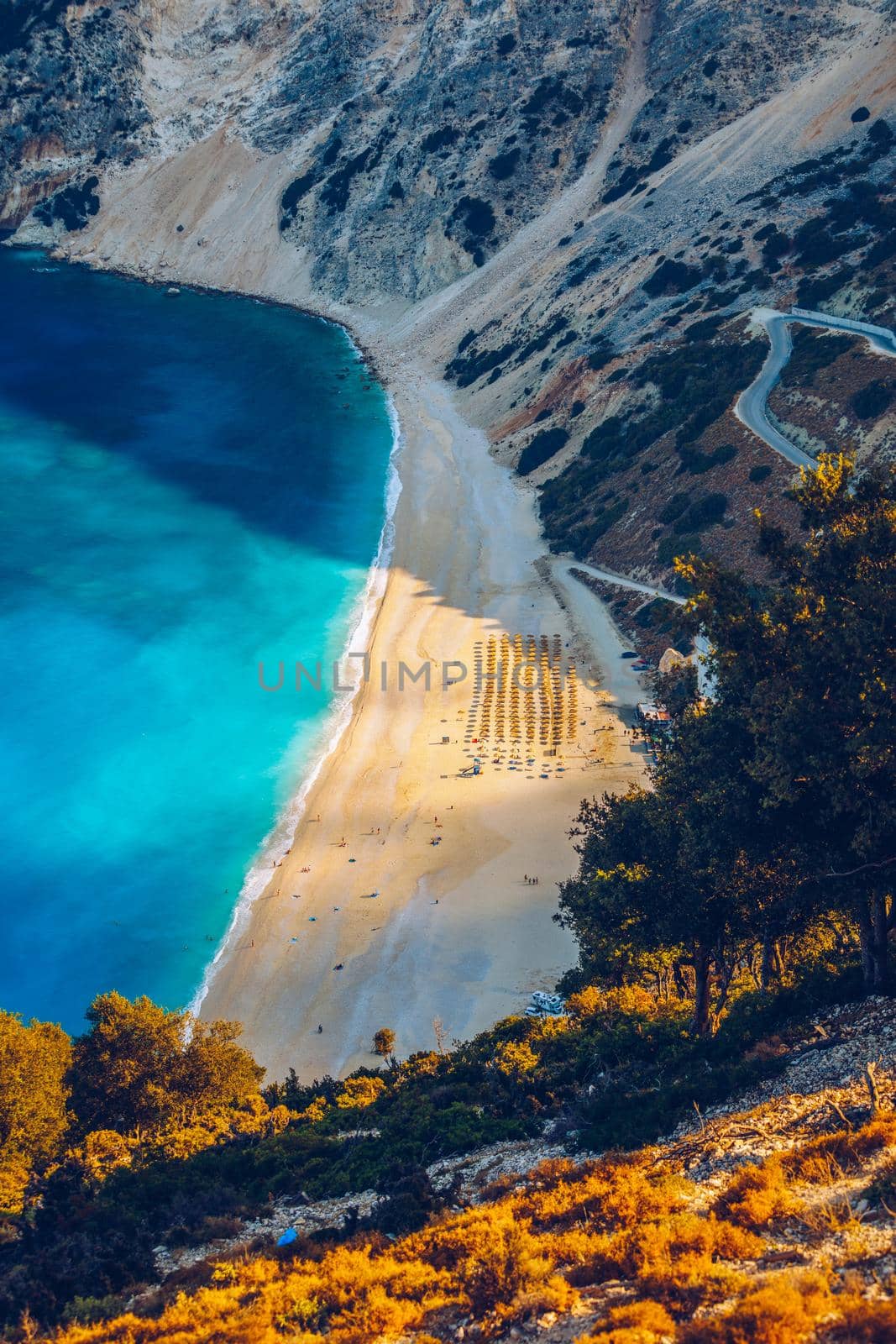 Famous Myrtos beach from overlook, Kefalonia (Cephalonia), Greece. Myrtos beach, Kefalonia island, Greece. Beautiful view of Myrtos beach, Ionian Island, Kefalonia (Cephalonia), Greece.
