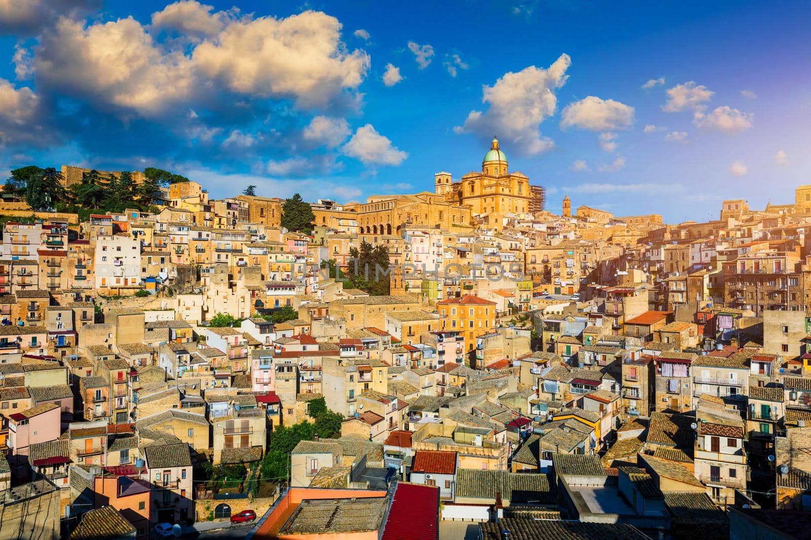Piazza Armerina in the Enna province of Sicily in Italy. Piazza Armerina cityscape with the Cathedral SS. Assunta and old town, Sicily, Piazza Armerina, Province of Enna, Sicily, Italy, Europe.