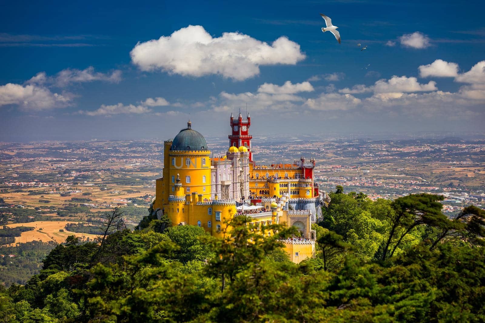 Palace of Pena in Sintra. Lisbon, Portugal. Travel Europe, holidays in Portugal. Panoramic View Of Pena Palace, Sintra, Portugal. Pena National Palace, Sintra, Portugal. 