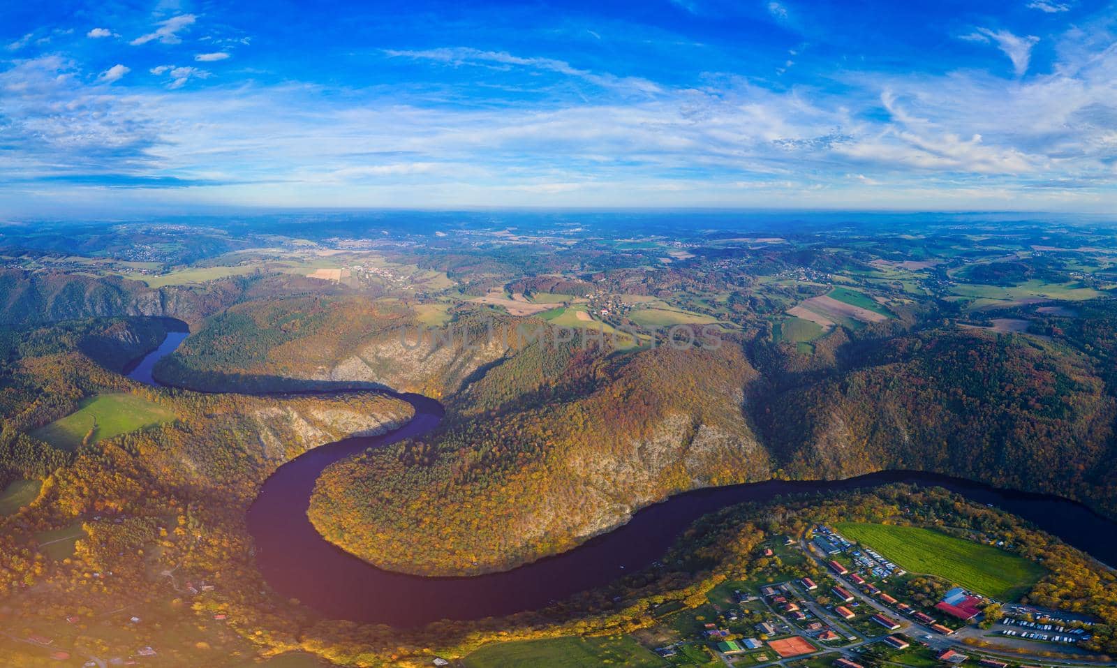 Beautiful view of Vltava river from Maj viewpoint. Czech Republic, Krnany, Europe. Maj viewpoint next to Prague in central Bohemia, Czech Republic. Aerial view of incredible Vyhlidka Maj.