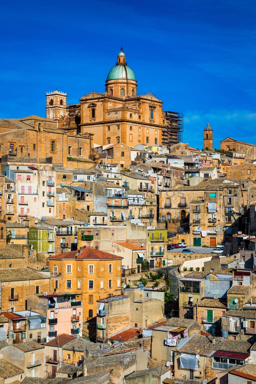 Piazza Armerina in the Enna province of Sicily in Italy. Piazza Armerina cityscape with the Cathedral SS. Assunta and old town, Sicily, Piazza Armerina, Province of Enna, Sicily, Italy, Europe.
