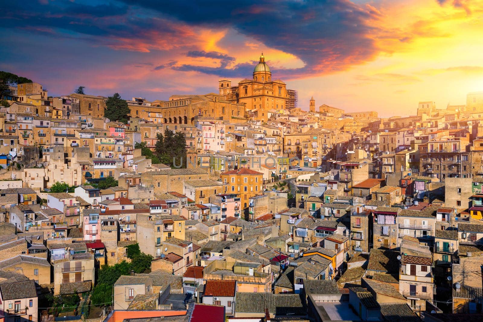 Piazza Armerina in the Enna province of Sicily in Italy. Piazza Armerina cityscape with the Cathedral SS. Assunta and old town, Sicily, Piazza Armerina, Province of Enna, Sicily, Italy, Europe.