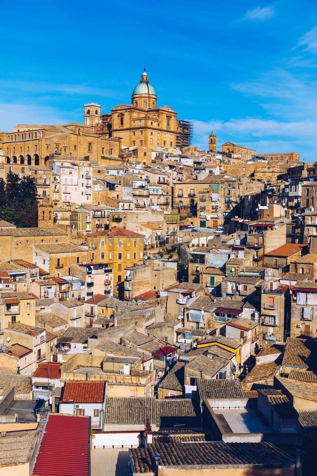 Piazza Armerina in the Enna province of Sicily in Italy. Piazza Armerina cityscape with the Cathedral SS. Assunta and old town, Sicily, Piazza Armerina, Province of Enna, Sicily, Italy, Europe.