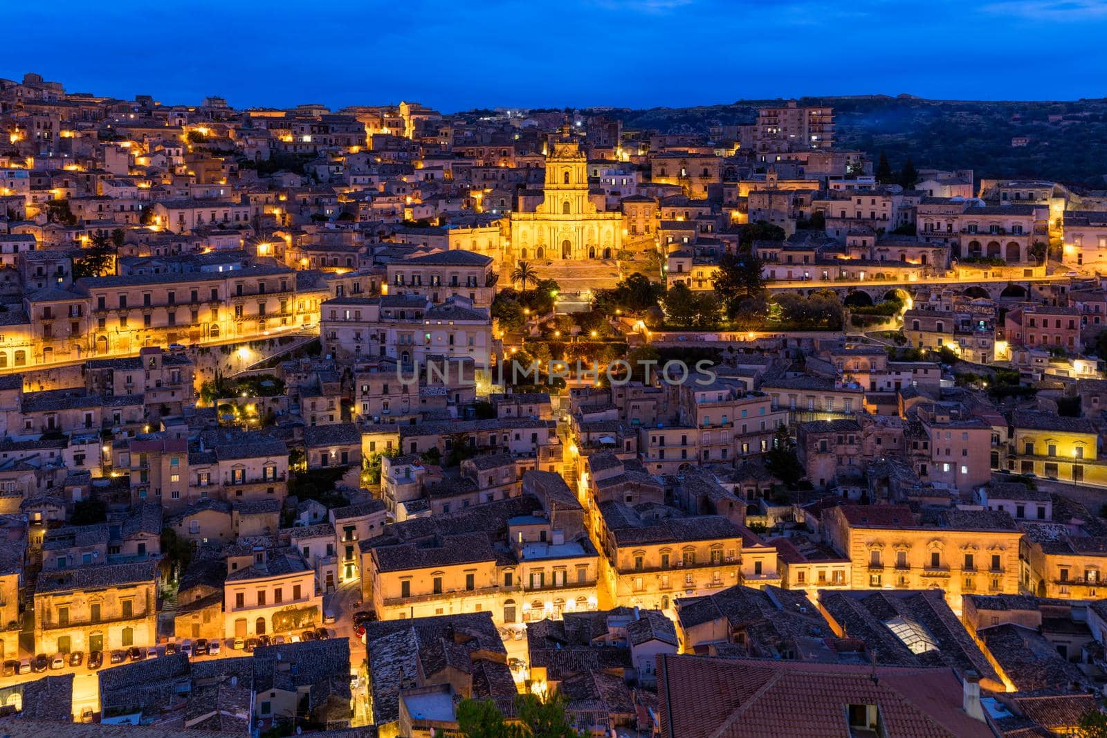 View of Modica, Sicily, Italy. Modica (Ragusa Province), view of the baroque town. Sicily, Italy. Ancient city Modica from above, Sicily, Italy