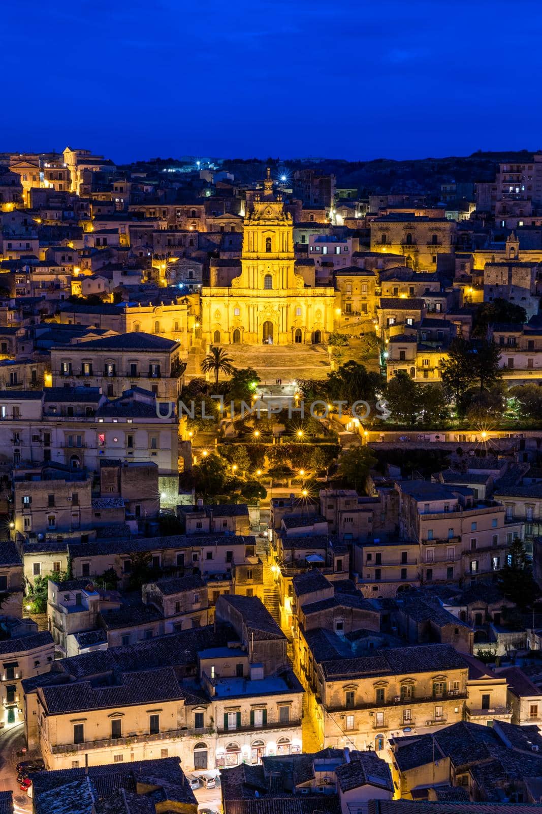 View of Modica, Sicily, Italy. Modica (Ragusa Province), view of the baroque town. Sicily, Italy. Ancient city Modica from above, Sicily, Italy